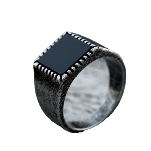 Vintage stainless steel ring for men with square black onyx and hammered metal texture