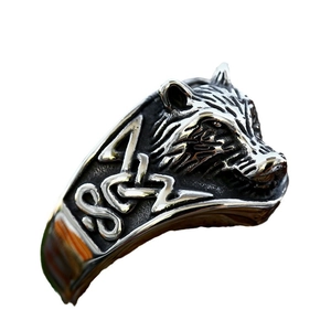 Vintage stainless steel Viking wolf head ring for men featuring intricate Celtic knot patterns