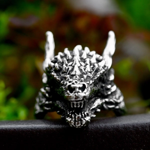 Retro stainless steel dragon head ring with detailed scales in gothic punk style