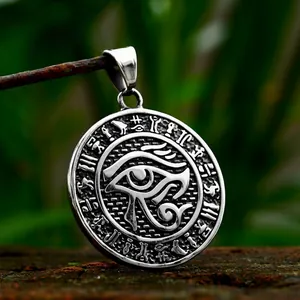 Retro Stainless Steel Egyptian Pharaoh Eye Of Horus Round Pendant Necklace Ancient Ankh Hieroglyphs Antique Silver Jewelry Gift