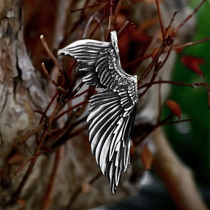 Vintage stainless steel angel wing pendant necklace with detailed feather texture