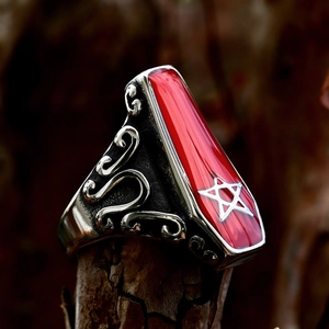 Gothic stainless steel coffin ring with red resin inlay and silver pentagram star detail