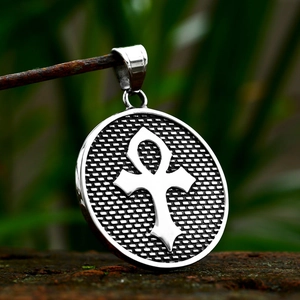 Vintage stainless steel round Egyptian Ankh cross pendant with textured background