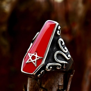 Gothic vampire coffin ring in vintage stainless steel with red enamel and pentagram