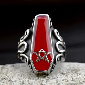 Gothic men's stainless steel coffin ring with red enamel and silver pentagram star