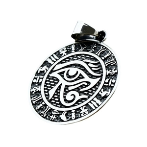 Vintage stainless steel Eye of Horus medallion pendant with Egyptian hieroglyphs design