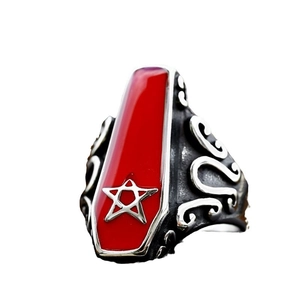 Gothic stainless steel vampire coffin ring with red enamel inlay and silver pentagram star