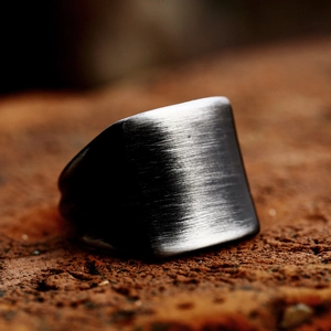 Vintage silver brushed stainless steel signet ring for men with industrial matte finish