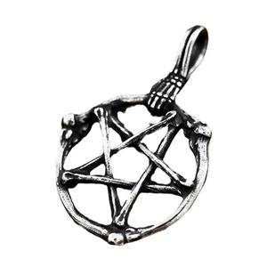 Pendentif pentagramme squelette gothique en acier inoxydable argenté vintage collier