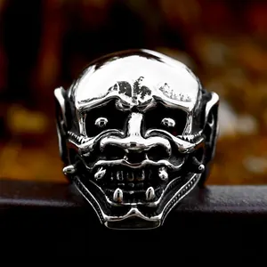 Vintage Punk Gothic Japanese Hannya Mask Skull Ring For Men Titanium Steel Polished Distressed Retro Jewelry Ring Gift