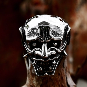 Gothic punk style stainless steel Hannya mask skull ring for men with polished finish