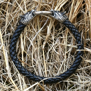 Viking raven head braided leather bracelet with vintage stainless steel wolf clasp