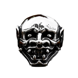 Retro punk stainless steel ring featuring a detailed Japanese Hannya mask design