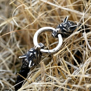 Viking wolf head black leather bracelet for men featuring stainless steel ring closure