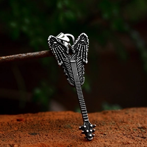 Vintage stainless steel guitar wing pendant necklace for men with aged metal finish