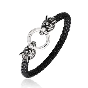 Viking Wolf Head Stainless Steel Braided Leather Bracelet For Men Vintage Nordic Animal Charm Punk Biker Jewelry Gift