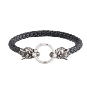 Viking raven wolf head stainless steel braided leather bracelet for men in vintage style