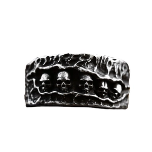 Men's punk skull ring in oxidized stainless steel with vintage rock texture and detail