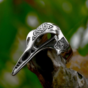 Vintage stainless steel Viking raven skull ring with intricate Celtic knot engraving