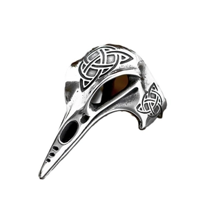 Vintage stainless steel viking crow skull ring with intricate celtic knot patterns