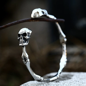 Bracelet Jonc Punk Gothique en Acier Inoxydable Crâne Squelette Argent Antique Vintage pour Hommes Hip Hop Bijoux Fête
