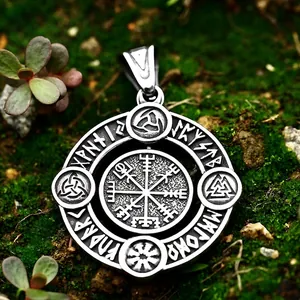 Vintage Stainless Steel Viking Compass Pendant For Men Norse Runes Valknut Medallion Pendant Only Without Chain Jewelry