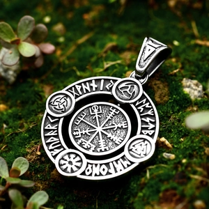 Viking Vegvisir compass pendant with Nordic runes in vintage matte stainless steel finish