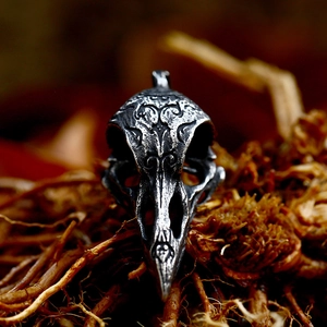 Nordic Viking raven skull pendant in antique stainless steel with intricate carvings