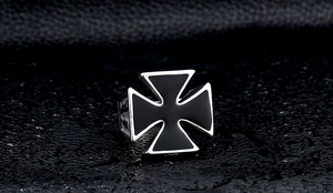Macro detail of men's stainless steel iron cross ring with black enamel finish