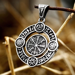 Vintage stainless steel Viking Vegvisir pendant with Runic letters on a branch