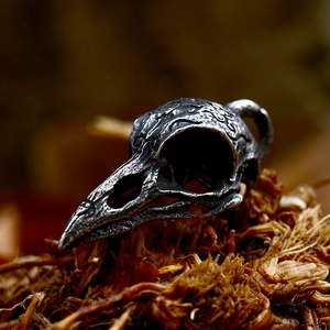 Macro shot of vintage stainless steel raven skull pendant with ornate carvings