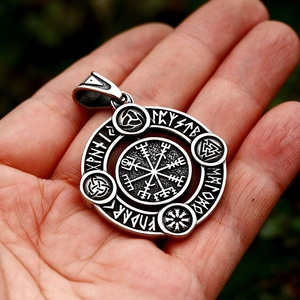 Stainless steel Viking Vegvisir compass pendant with runes and Valknut symbols