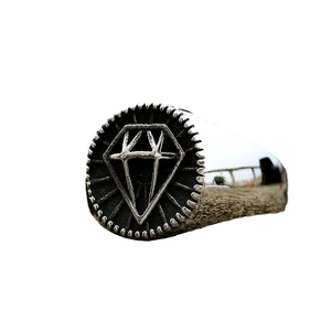 Vintage silver stainless steel ring featuring a raised diamond pattern and oxidized finish