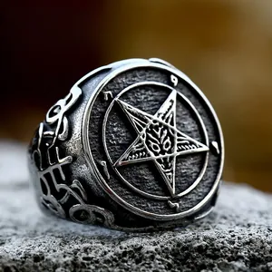 Vintage stainless steel pentagram Baphomet ring with a gothic silver finish for men