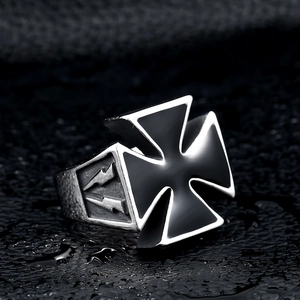 Men's stainless steel ring with black iron cross and lightning bolt relief on dark background