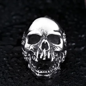 Punk style skull ring for men in polished stainless steel with gothic aesthetic