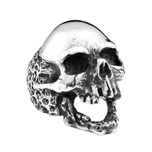 Gothic punk skull ring in vintage silver stainless steel with realistic carved details