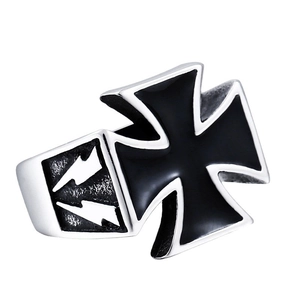 Punk cast stainless steel ring with black iron cross and lightning bolt emblems