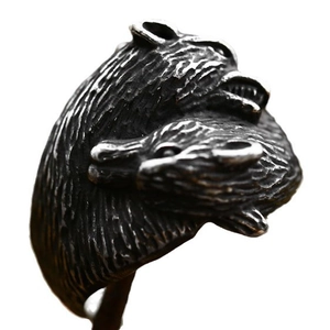 Retro punk double dragon head stainless steel open ring with oxidized silver finish