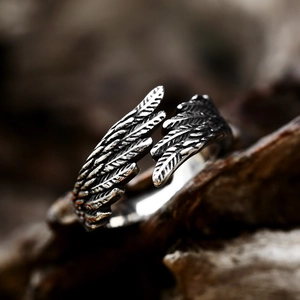 Vintage stainless steel angel wing feather ring with adjustable open band for men and women