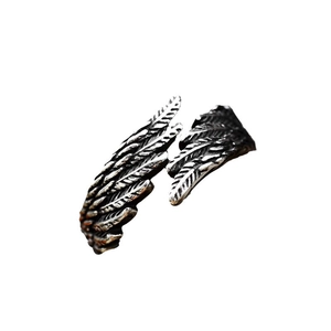 Vintage stainless steel angel wing feather ring with antique silver finish details