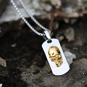 Retro Stainless Steel Skull Pendant For Men Vintage Punk Gothic Dog Tag Jewelry Two-Tone Gold Silver Pendant Only Without Chain