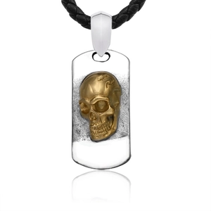 Punk style stainless steel dog tag necklace with a 3D gold skull relief for men