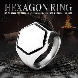 Polished Titanium Steel Hexagon Signet Ring For Men Vintage Geometric Silver Color Band Ring Punk Street Fashion Jewelry