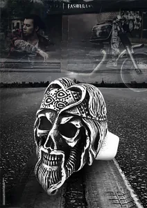 Detailed macro of vintage 316L stainless steel bearded skull ring with antique finish