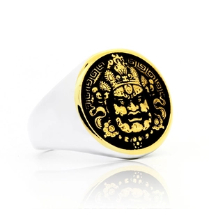 Men's two-tone titanium steel signet ring with golden oriental god carving on black base