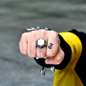 Mens punk hexagon stainless steel ring with matching skull pendant bracelet jewelry