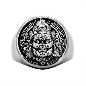 Retro titanium steel ring featuring detailed silver relief of oriental mythological deity