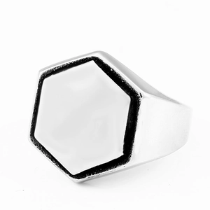 Polished silver stainless steel signet ring with a geometric hexagonal face for men