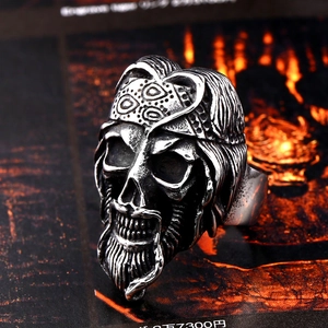 Men's stainless steel skull ring with intricate beard and bandana detail in biker style